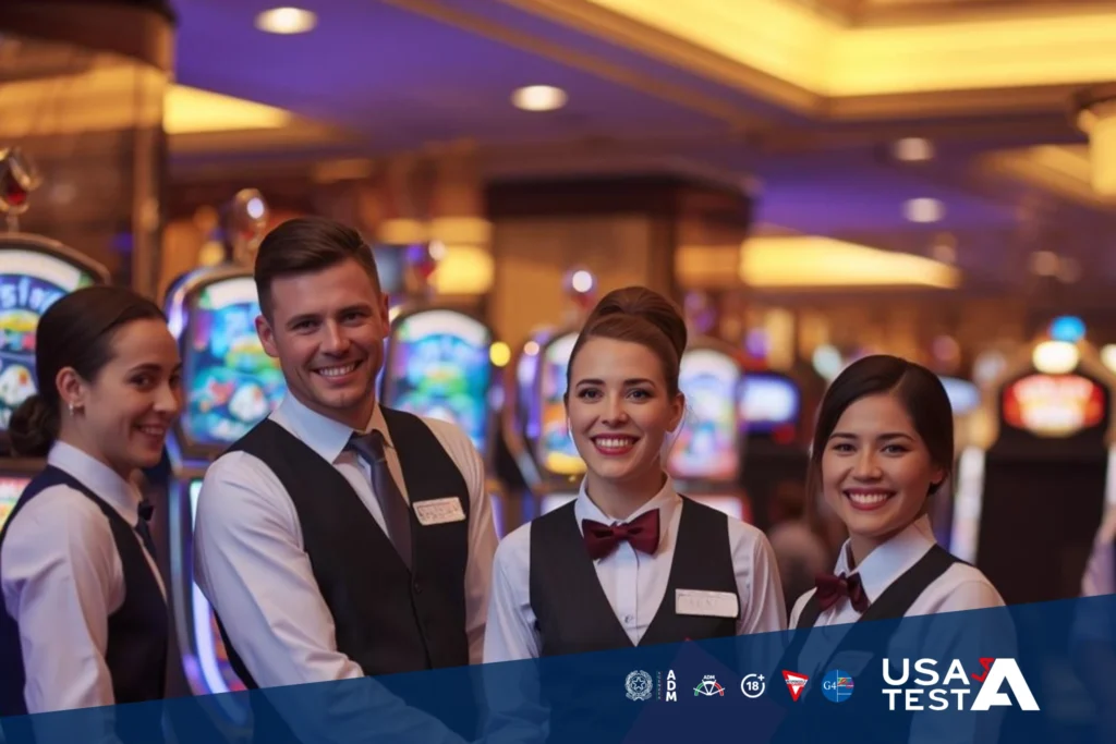 Operatori di sala in un ambiente di gioco legale, davanti alle slot machine, con divise professionali.