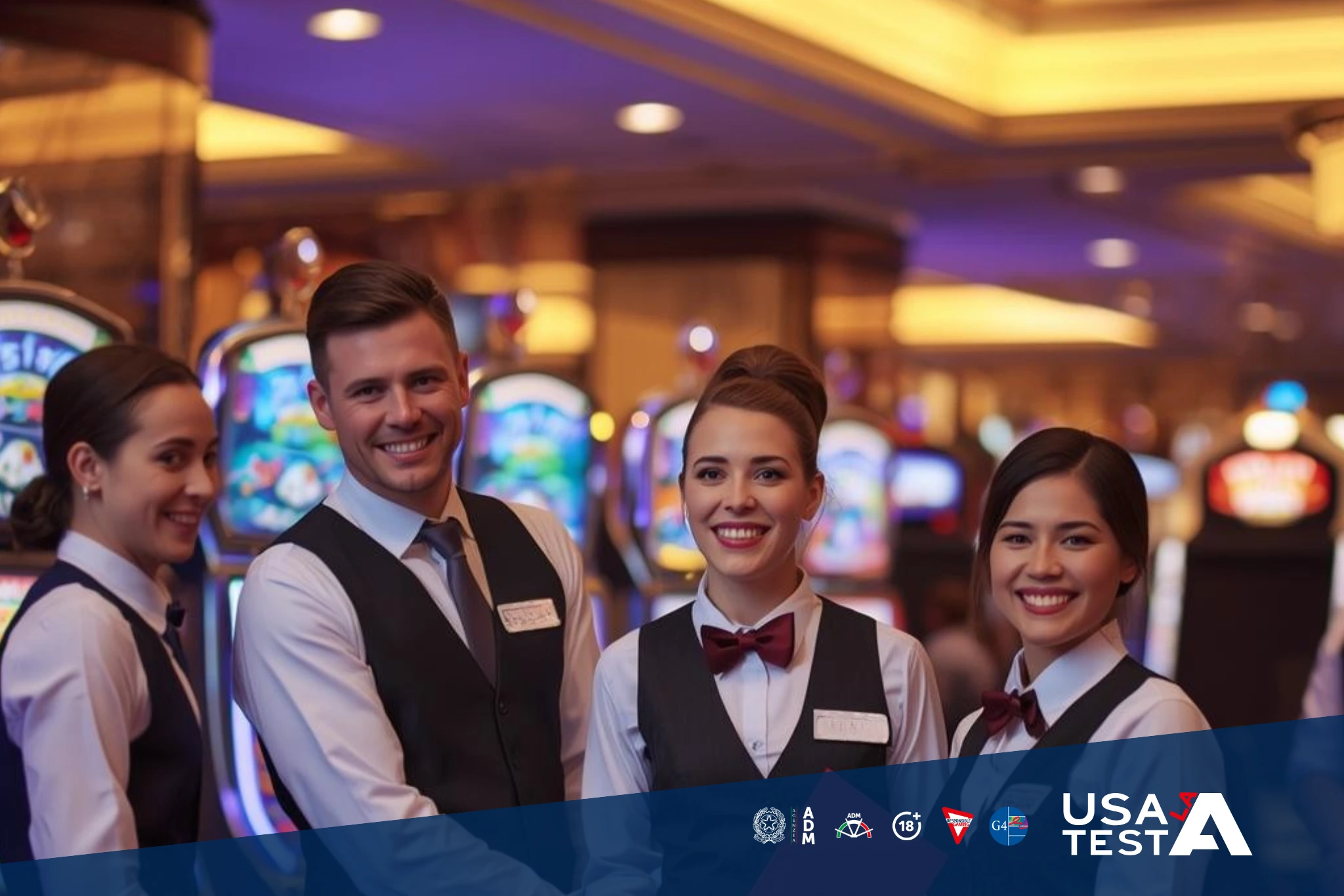 Operatori di sala in un ambiente di gioco legale, davanti alle slot machine, con divise professionali.