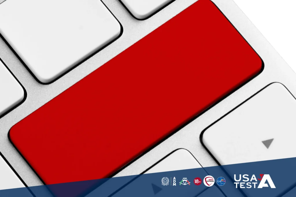 Tasto rosso su una tastiera come simbolo del blocco volontario dell’accesso ai giochi online tramite il Registro Unico delle Autoesclusioni.